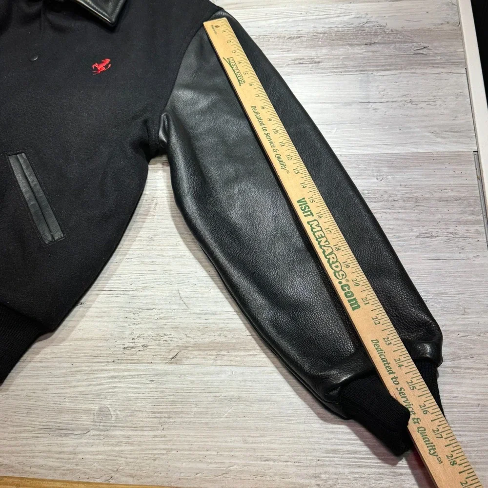 Dehen 1920 Varsity Jacket Black Red Pony Size Large Leather Sleeves Wool - Picture 7 of 9